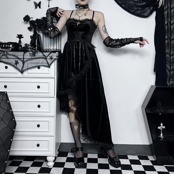 Women's Gothic Sexy Patchwork Velvet Slit Asymmetric Goth Dress - Picture 2 of 7